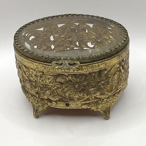 1920s Jewelry Casket Oval French Pierced Gilt Brass & Beveled Glass